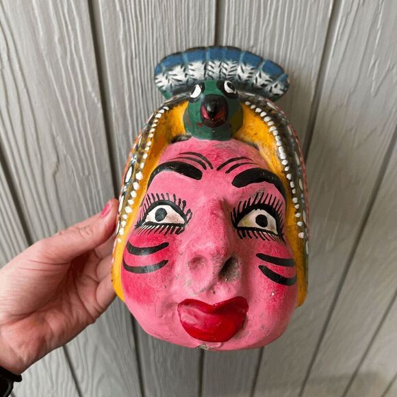 Vintage Indian Hand-Carved Painted Wooden Folk Mask Parrot Headpiece 12" - Picture 4 of 10